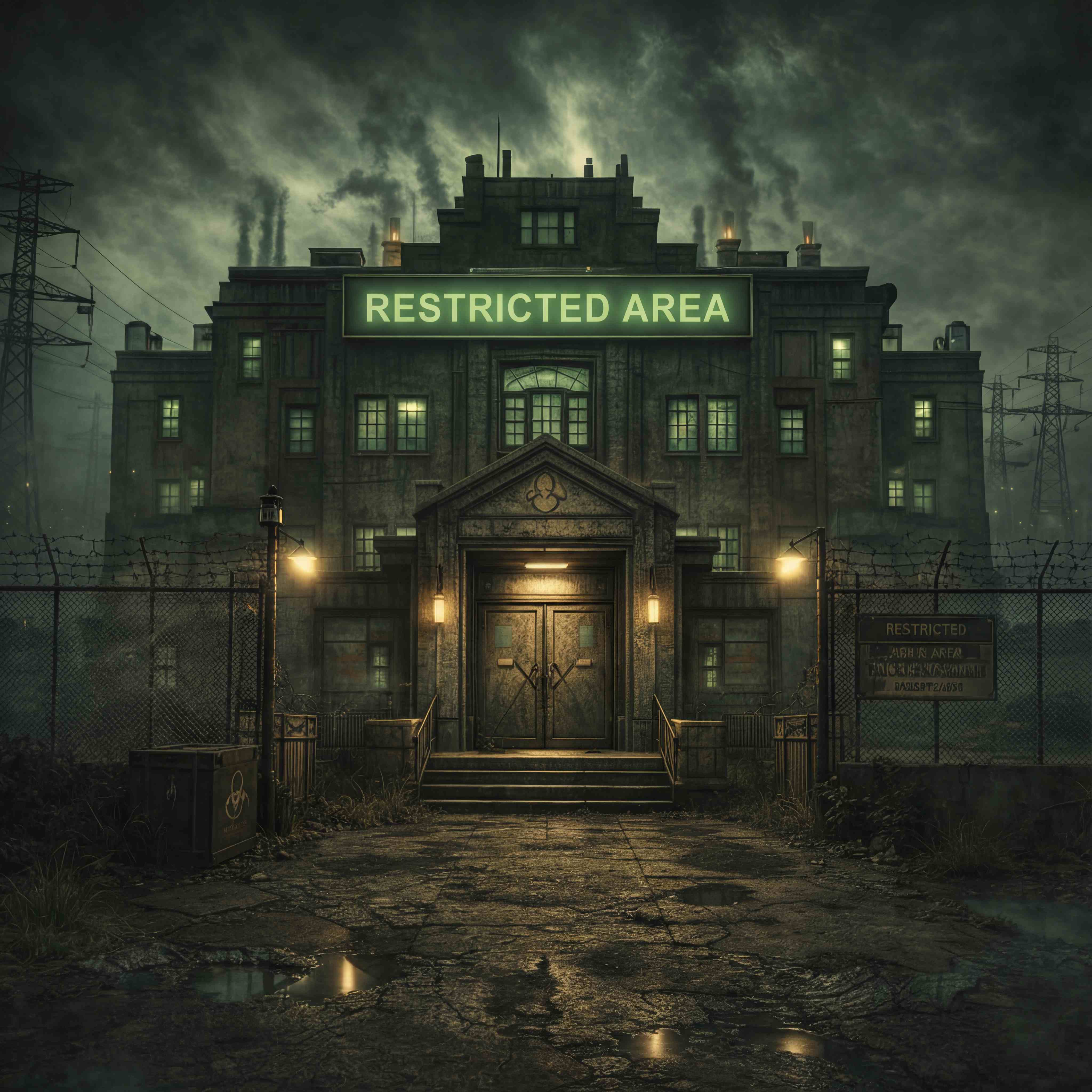 The Meme Asylum - a dark foreboding building with Restricted Area signage