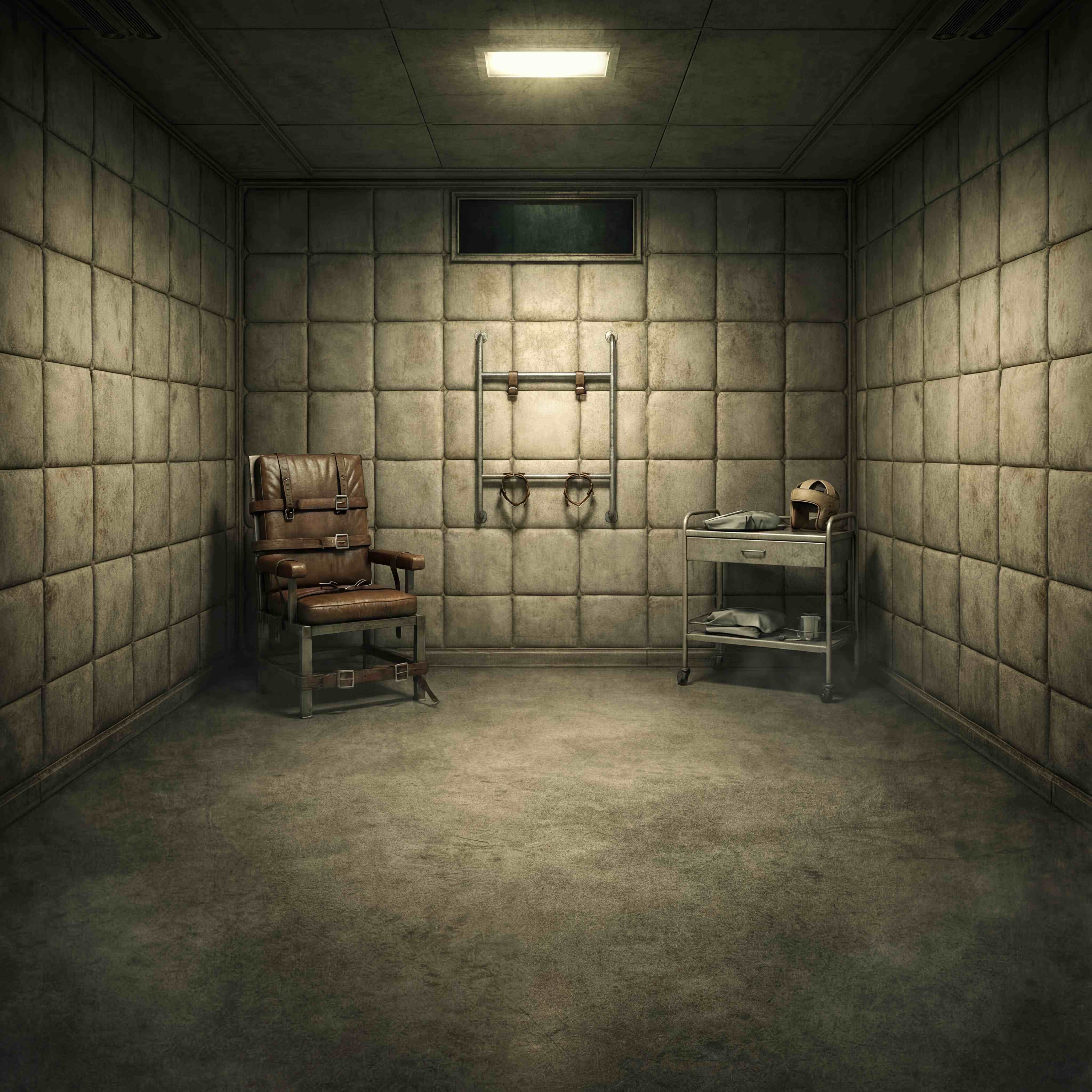Asylum padded cell with restraint chair and medical equipment